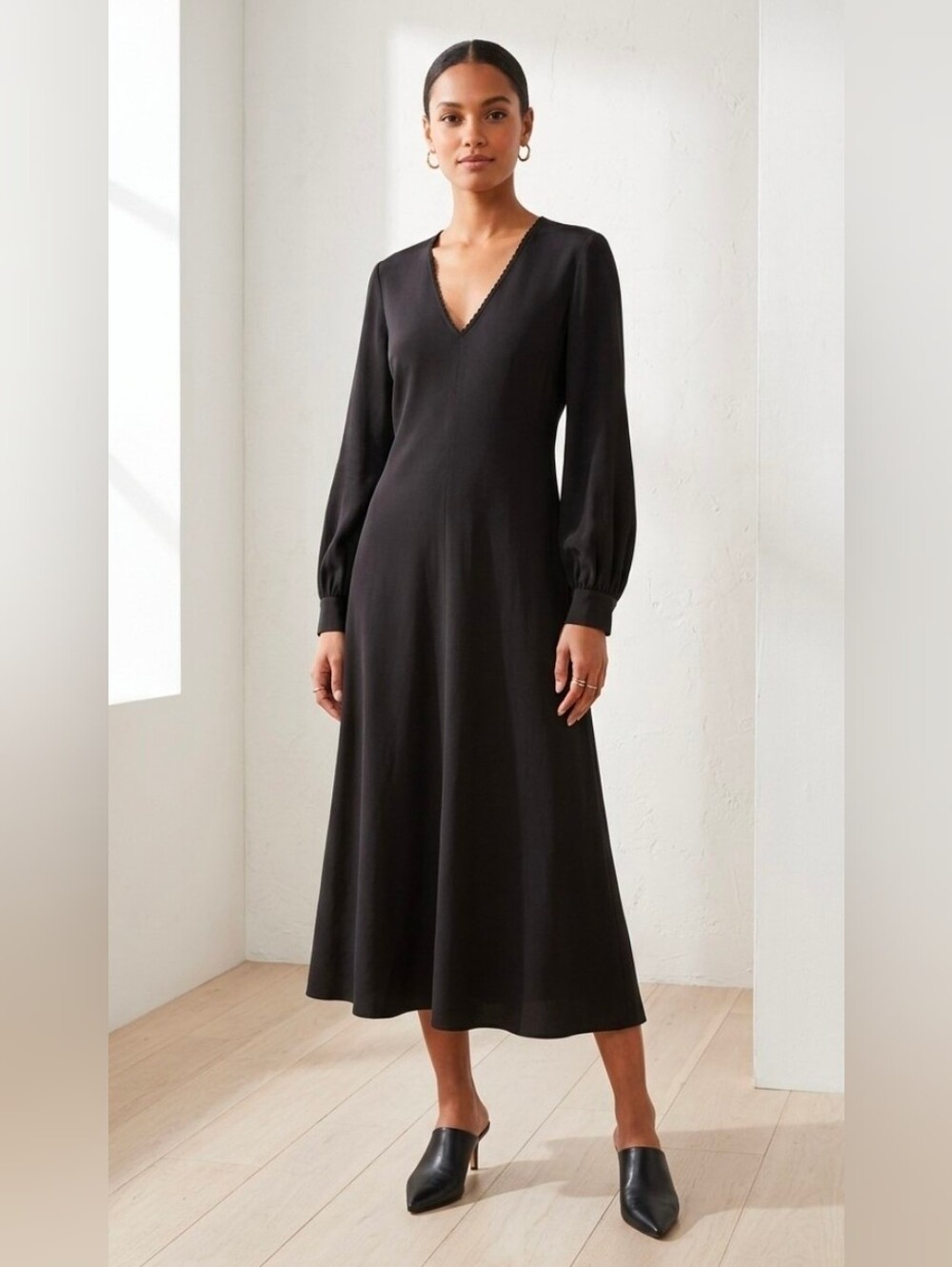 Elie Tahari Deep Espresso Brown Silk V-Neck Midi Dress Pick-Stitch Trim Size S/M
